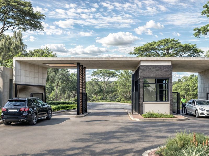 A modern, well-maintained security gatehouse entrance featuring a large concrete canopy, brick masonry, and paved driveway access.