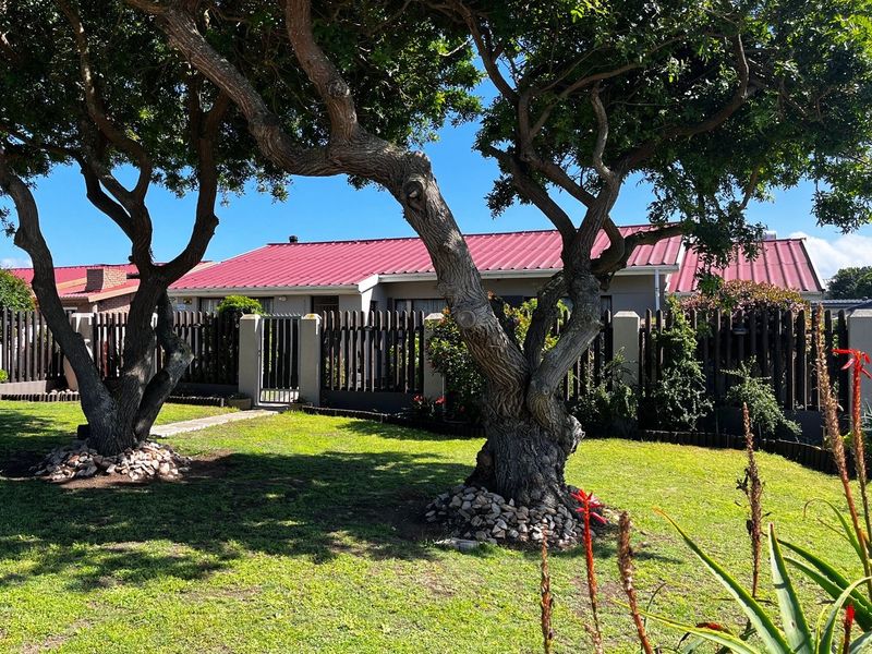 Front view of the property featuring a well-maintained garden, mature trees, and a secure perimeter fence with a pedestrian gate.