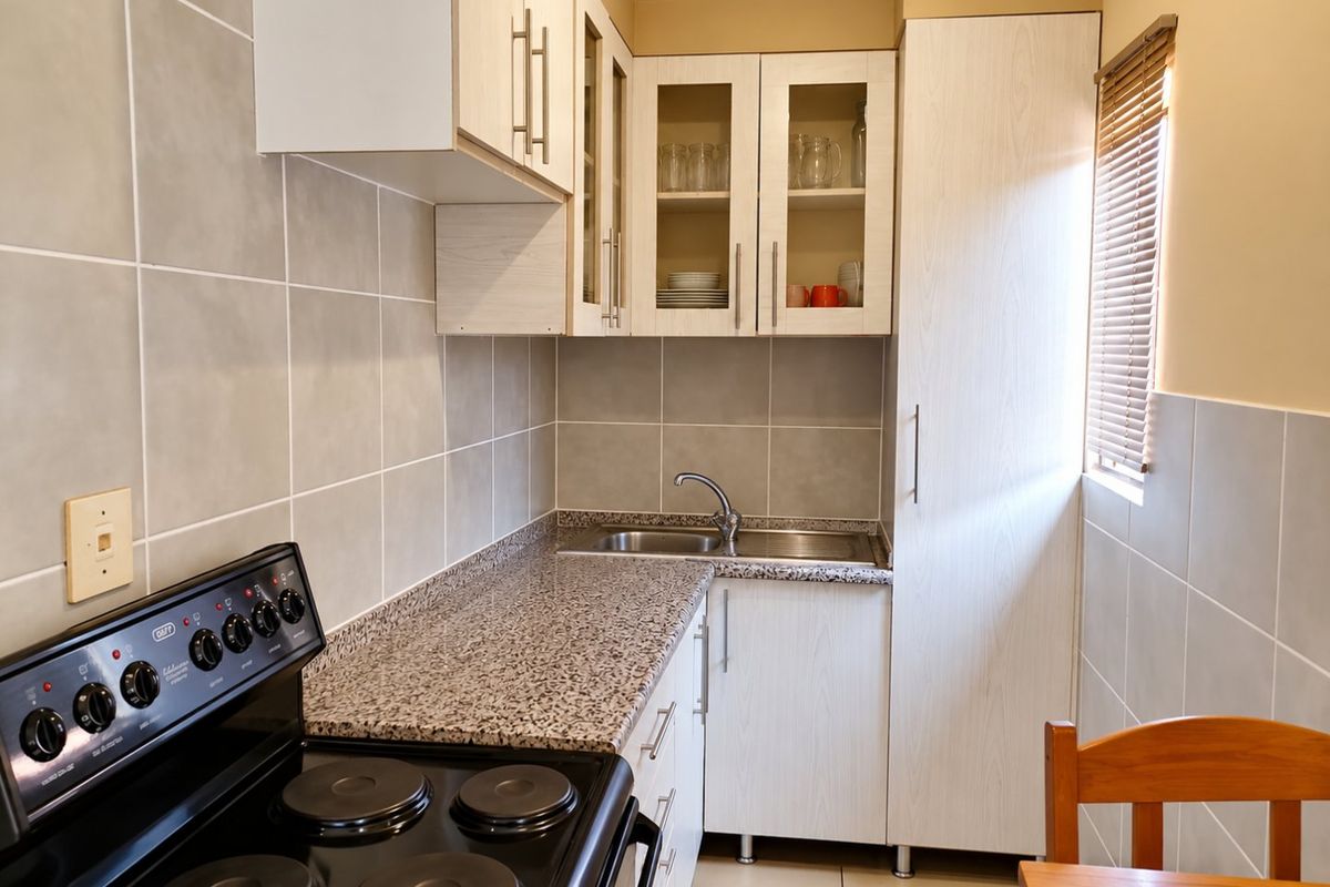 A compact, functional kitchen featuring light wood-finish cabinetry, granite countertops, a stainless steel sink, and a built-in electric stove with tiled splashbacks.