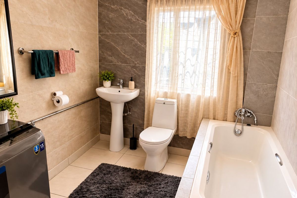 A well-maintained bathroom featuring a pedestal washbasin, a modern toilet, and a built-in bathtub with neutral-toned wall and floor tiling.