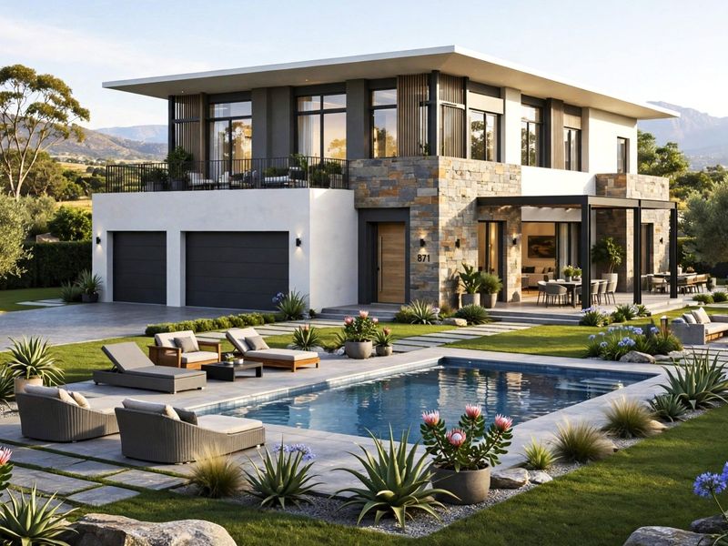 A modern two-story luxury residence featuring stone cladding, a swimming pool, a spacious patio, and a landscaped garden.