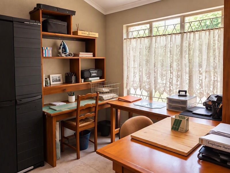 A functional home office featuring built-in wooden shelving, tiled flooring, and a large window with leaded glass detailing.
