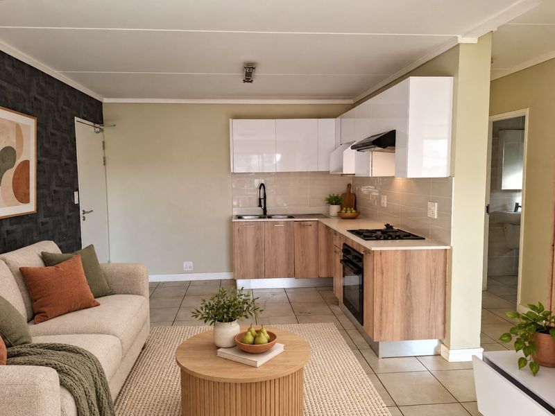 Modern open-plan living area featuring a compact kitchen with wood-finish cabinetry, white upper cabinets, built-in oven, gas hob, and neutral tiled flooring throughout.