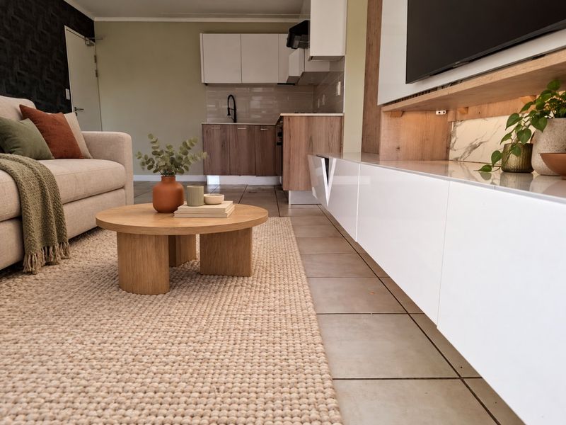 Modern open-plan living area featuring a sleek kitchen with built-in cabinetry and a contemporary media unit, finished with neutral tiled flooring.