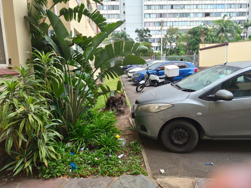 Exterior view of the apartment building frontage featuring a paved driveway and adjacent garden area.