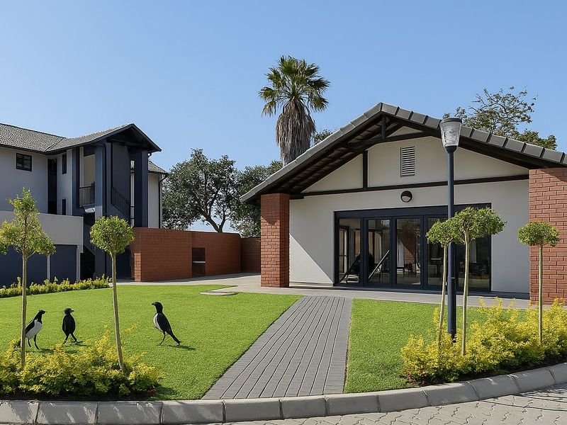 A well-maintained exterior view of a modern apartment complex featuring a landscaped lawn, paved walkway, and a building with brick accents and bi-fold doors.