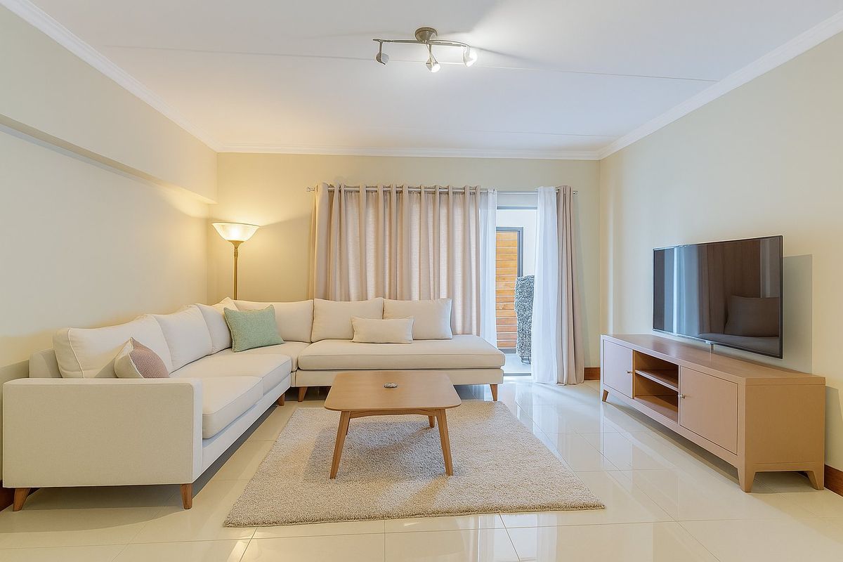 A bright and well-maintained living room featuring polished tiled flooring, coving, and a sliding glass door providing access to an outdoor area.