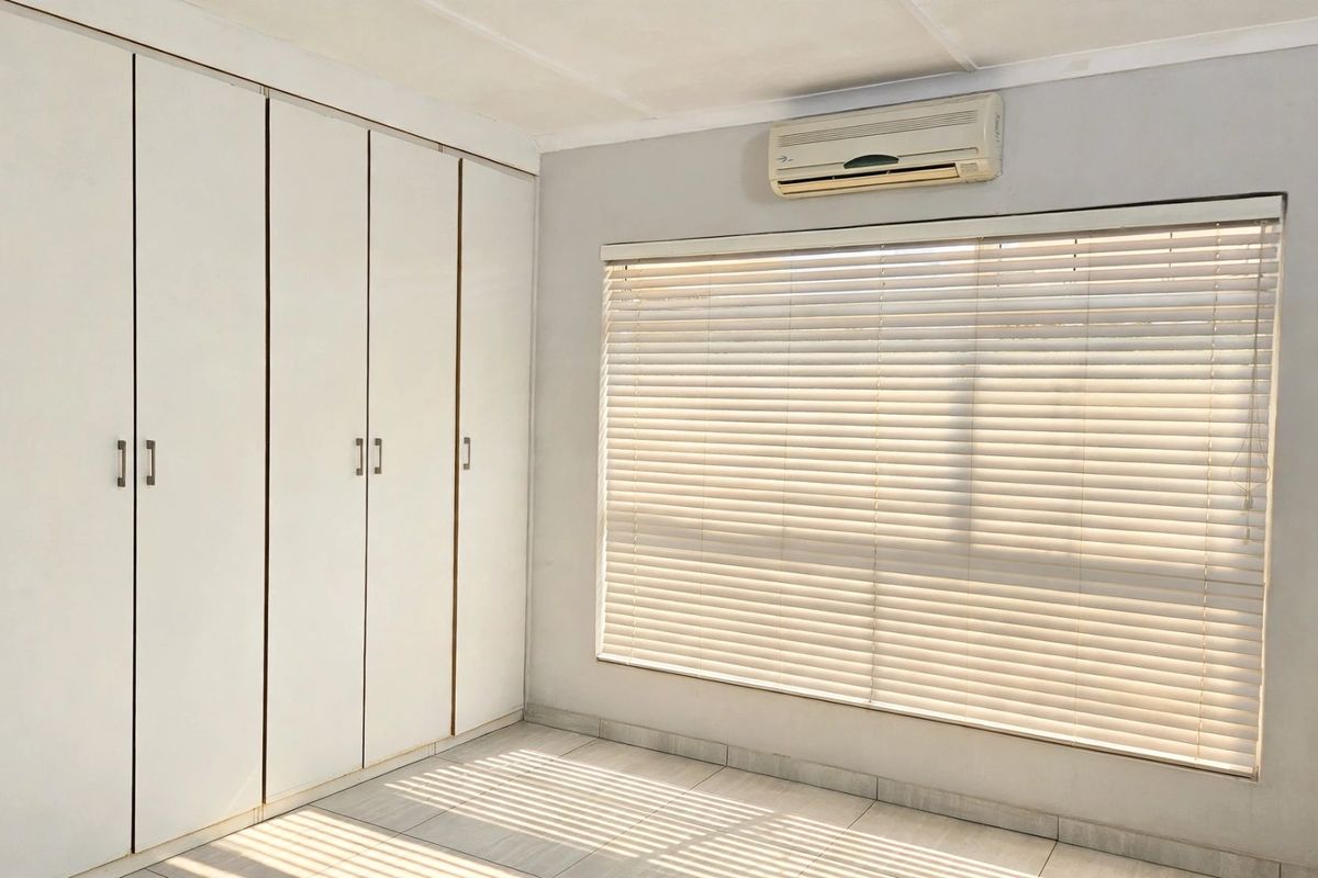 A bright, empty bedroom featuring built-in cupboards, tiled flooring, and an installed air conditioning unit with window blinds.