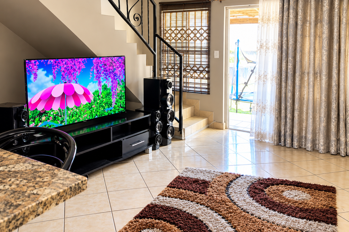 A bright living room featuring tiled flooring, a staircase with a decorative wrought iron balustrade, and direct access to an outdoor patio area.