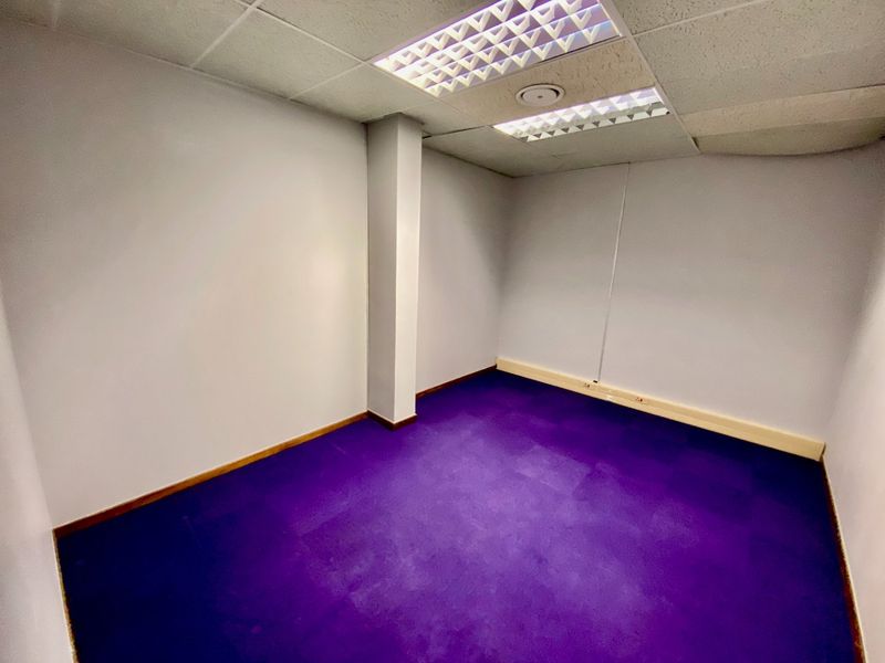 A vacant, clean office space featuring a suspended ceiling with recessed lighting and vibrant purple carpeting, suitable for a professional workspace.