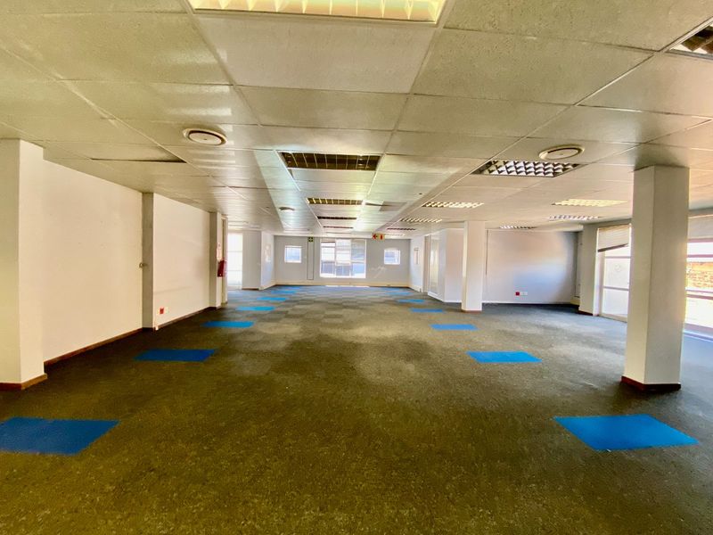Spacious open-plan commercial office area featuring suspended ceilings, recessed lighting, and structural columns, offering a blank canvas for custom workspace configuration.
