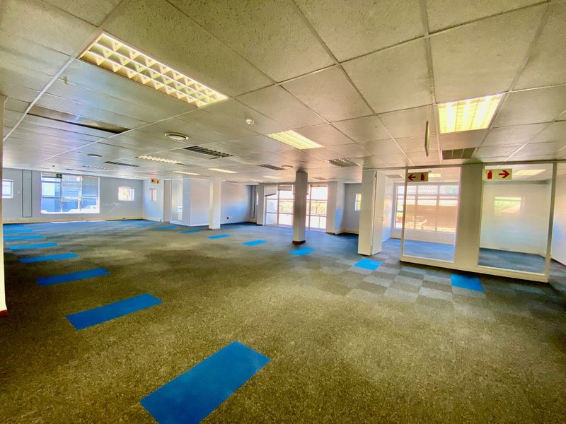 Spacious open-plan commercial office area featuring suspended ceilings, recessed lighting, carpeted flooring, and glass-partitioned office sections.