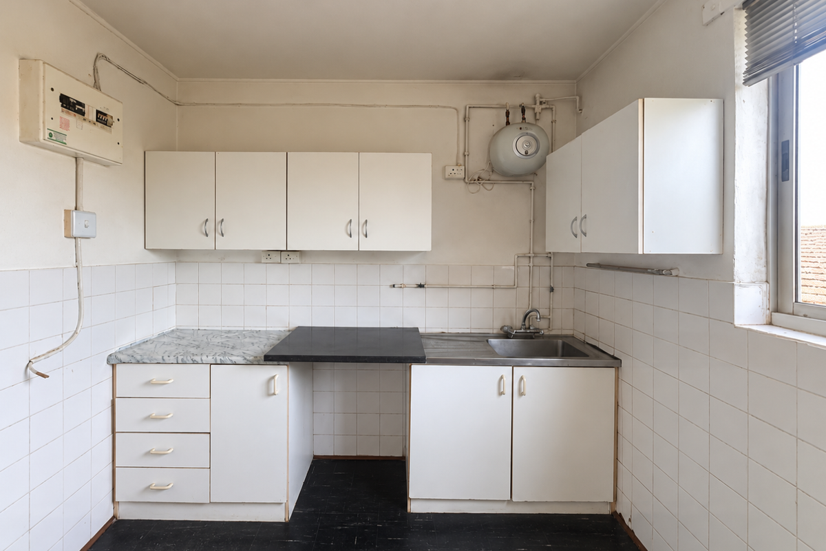 A functional, empty kitchen featuring white cabinetry, tiled splashbacks, a stainless steel sink, and exposed utility infrastructure, ready for modernization.