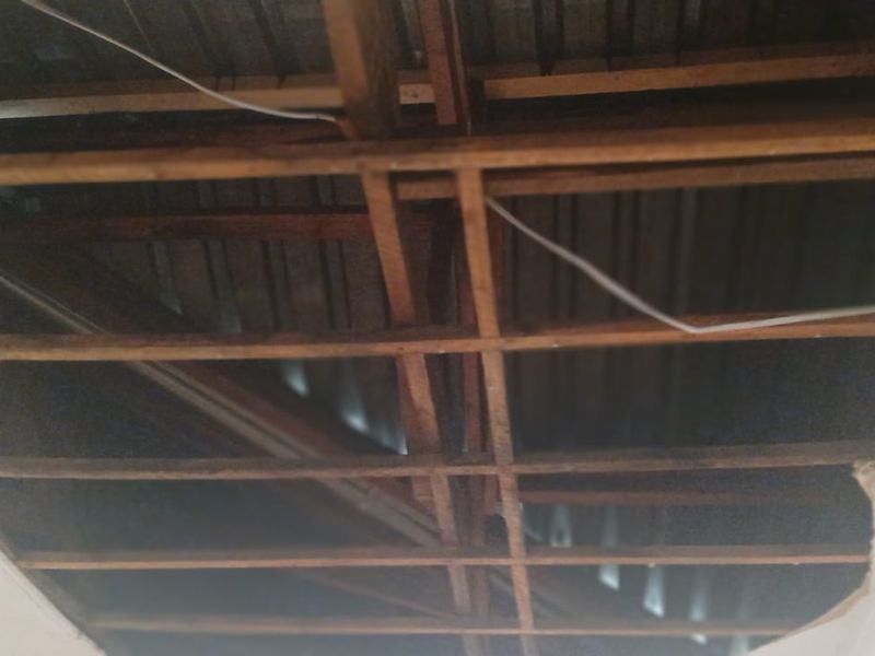 A view of an exposed ceiling structure showing timber joists and metal roof sheeting due to missing ceiling plasterboard.