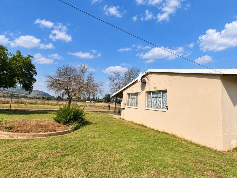 Rear view of the property showing the exterior wall, security bars on windows, and a landscaped garden area with a concrete border.