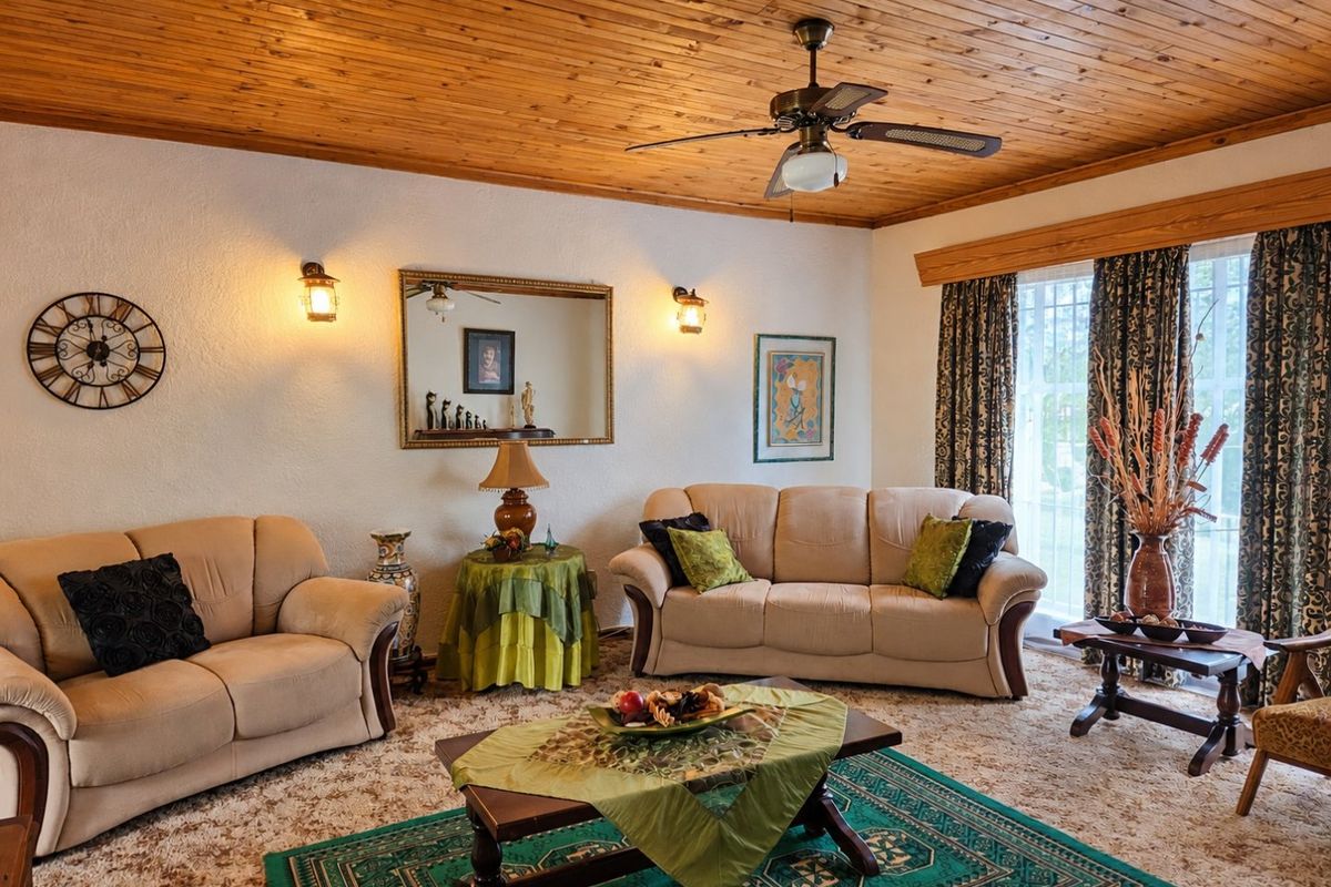 A cozy living room featuring a warm timber tongue and groove ceiling, ceiling fan, and sliding glass door access to the exterior.