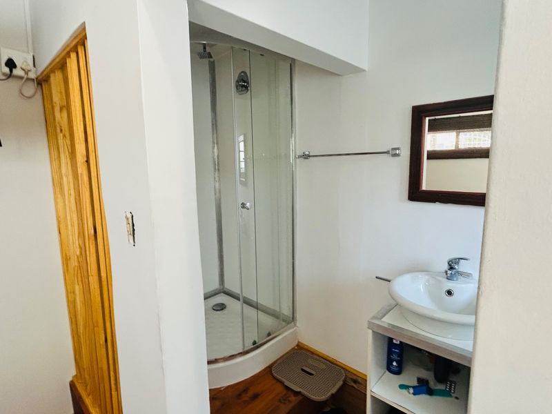 A compact bathroom featuring a glass shower enclosure, a pedestal-style basin with a mixer tap, and wooden flooring.