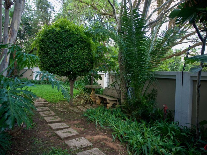 A lush, well-established garden featuring mature trees, a stone pathway, and a solid boundary wall, offering a private and serene outdoor space.