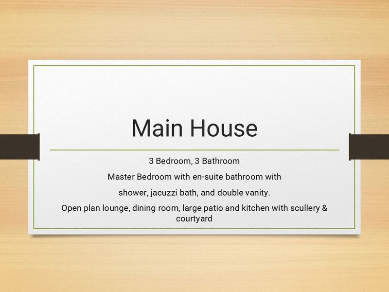 A text-based information card detailing the property specifications including bedroom and bathroom count, and key living areas.