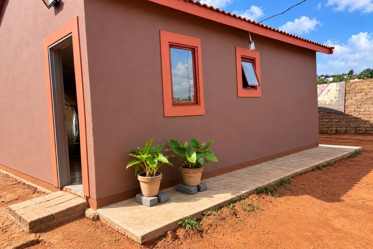 A well-maintained rear exterior view of the house featuring a tiled walkway, terracotta roof tiles, and modern casement windows.