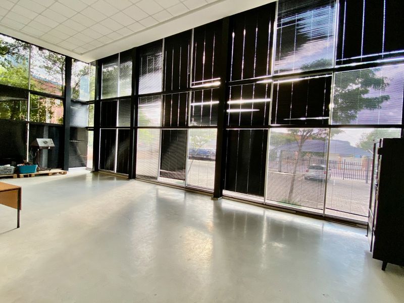 Spacious open-plan industrial area featuring expansive floor-to-ceiling windows, polished concrete floors, and a suspended ceiling, offering a bright and versatile workspace.
