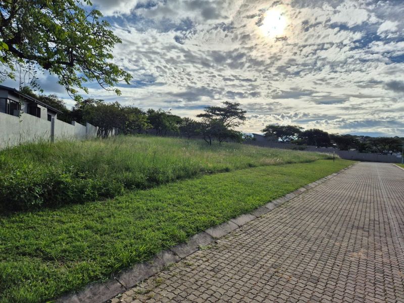A view of a vacant residential plot featuring a paved driveway, perimeter walling, and established trees under a cloudy sky.