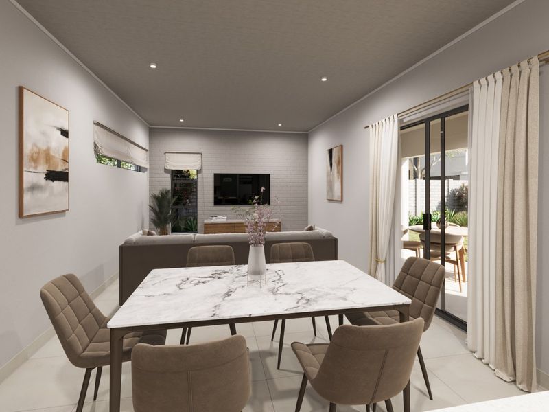 Modern open-plan living and dining area featuring tiled floors, recessed lighting, and large sliding glass doors leading to an outdoor patio.