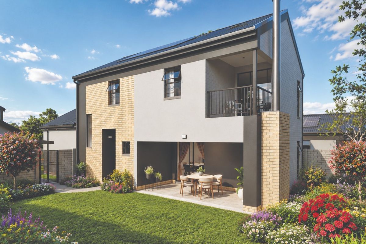 Rear view of a modern two-story house featuring a covered ground-floor patio, an upper-level balcony, external fireplace flue, and a well-maintained landscaped garden.
