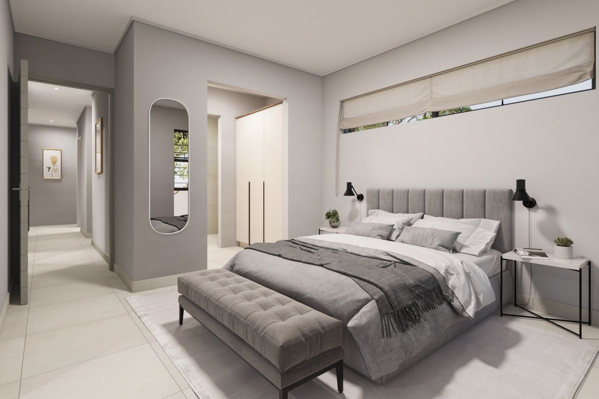 Modern bedroom featuring neutral tones, built-in cupboards, tiled flooring, and a horizontal window with integrated lighting.
