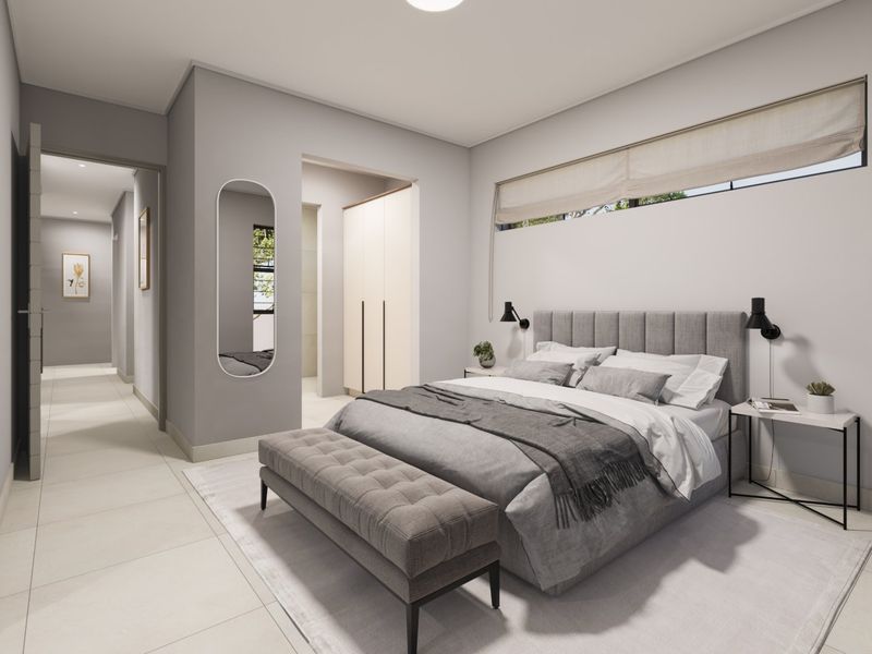 Modern bedroom featuring neutral tones, built-in cupboards, tiled flooring, and a horizontal window with integrated lighting.