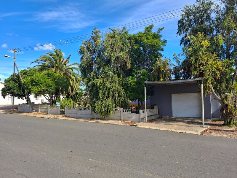 Street view of the property featuring a precast concrete boundary wall, a single garage with an attached carport, and established garden trees.