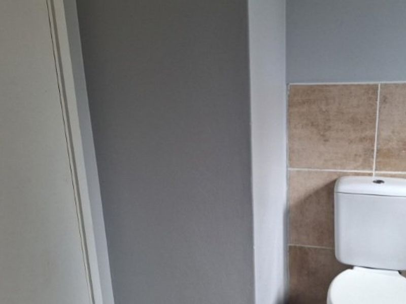A functional bathroom space featuring a standard toilet and neutral ceramic wall tiling.