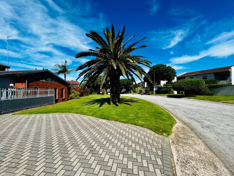 A clear street-level view of the property frontage, featuring a paved driveway, manicured lawn, and established palm tree against a bright blue sky.