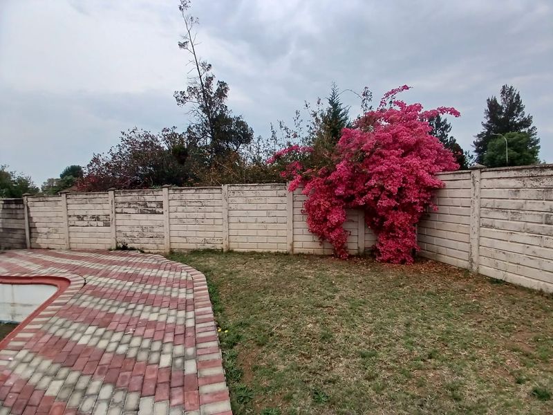 Outdoor pool area featuring a paved surround and a precast concrete boundary wall with established bougainvillea.