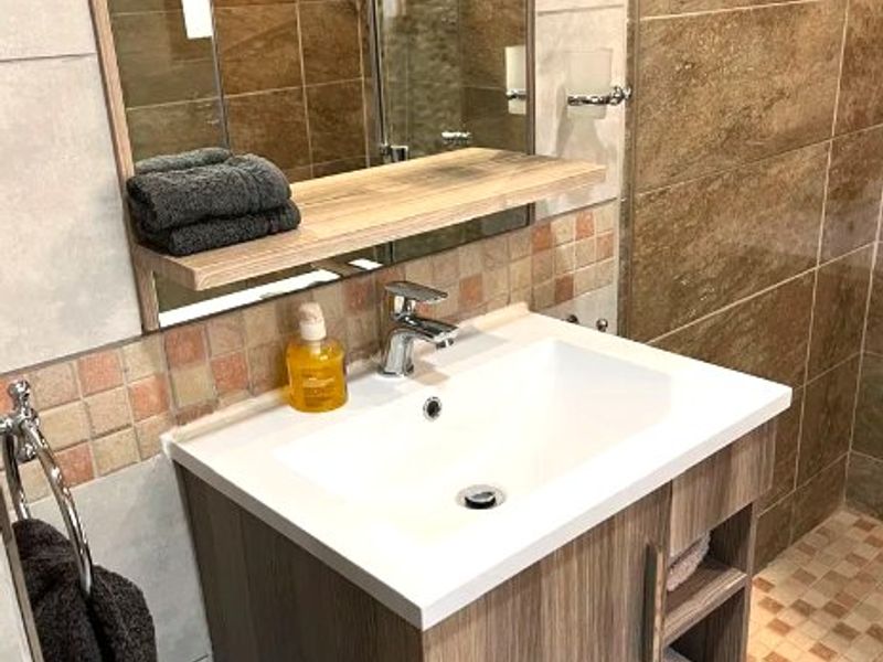 A modern bathroom featuring a wood-finish vanity cabinet with a white basin, wall-mounted mirror, and a tiled shower enclosure.