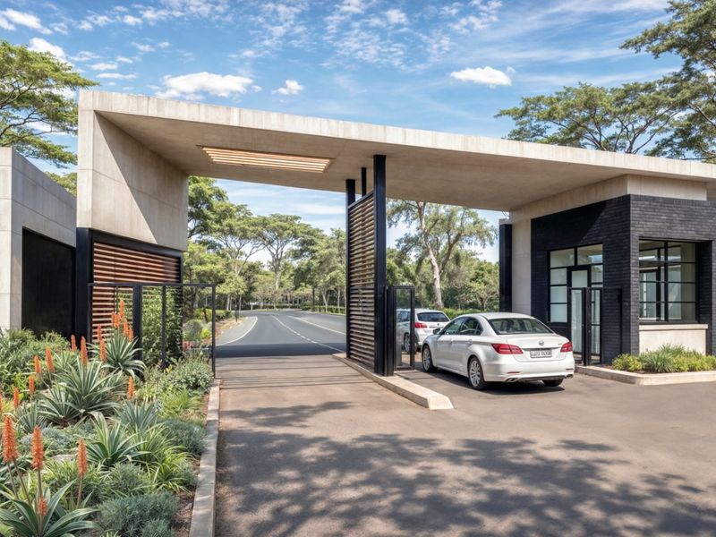 Modern gated estate entrance featuring a striking concrete architectural canopy, black brick detailing, and manicured landscaping.
