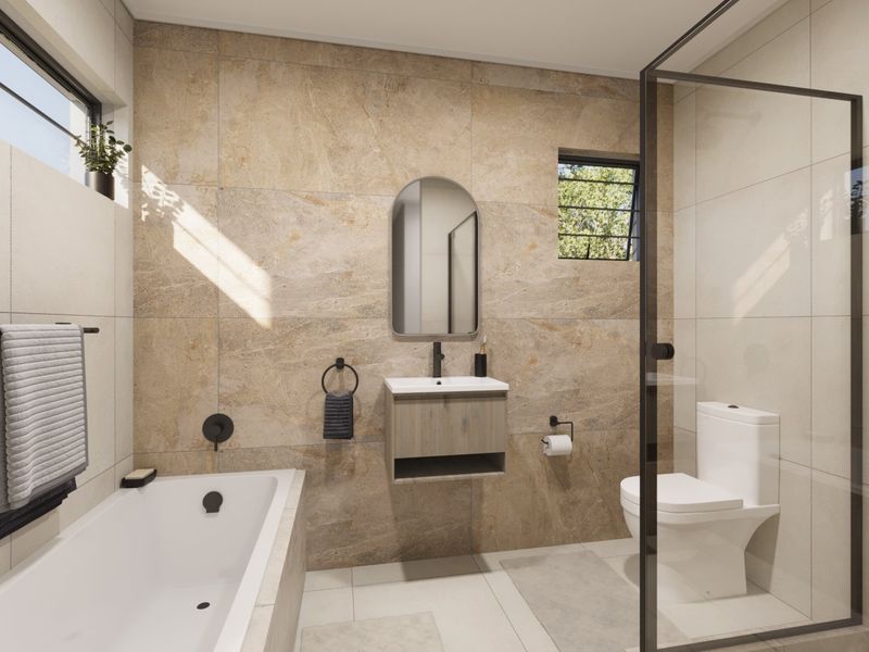 Modern bathroom featuring stone-look wall tiles, a wall-mounted vanity, a built-in bathtub, and a glass-enclosed shower with contemporary black fixtures.