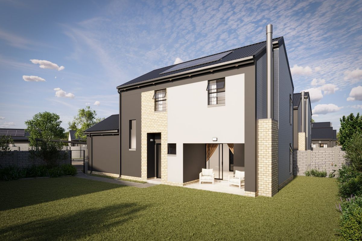 Rear view of a modern two-story house featuring a covered patio, solar panels, and a clean, contemporary architectural design with a landscaped garden.