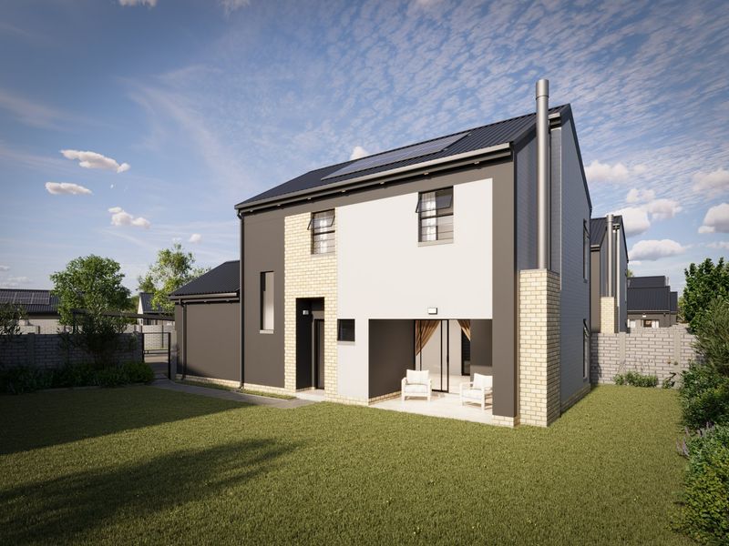 Rear view of a modern two-story house featuring a covered patio, solar panels, and a clean, contemporary architectural design with a landscaped garden.