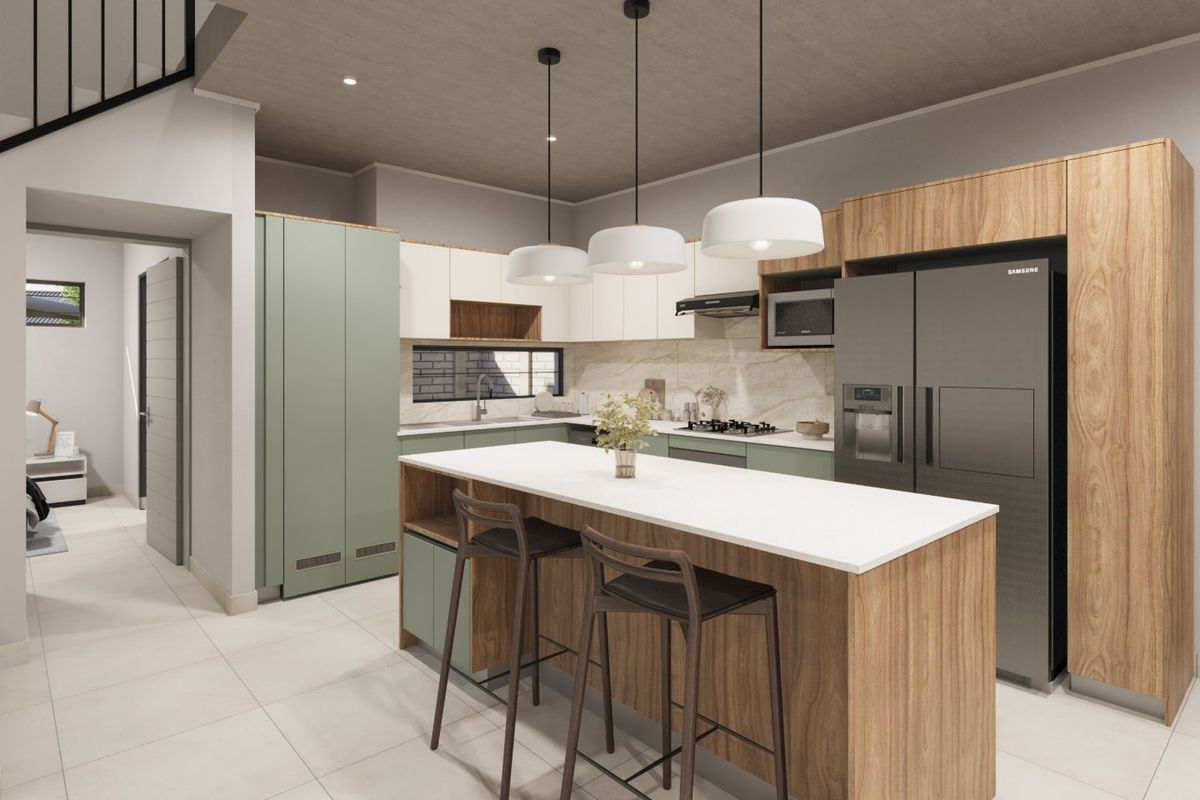 Modern kitchen featuring a central island, wood-grain and sage cabinetry, stone countertops, integrated appliances, and stylish pendant lighting.