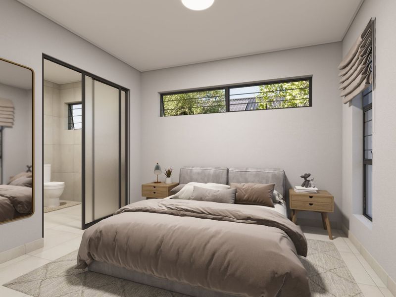 Modern bedroom featuring tiled floors, a clerestory window, and a sliding glass door providing direct access to an en-suite bathroom.