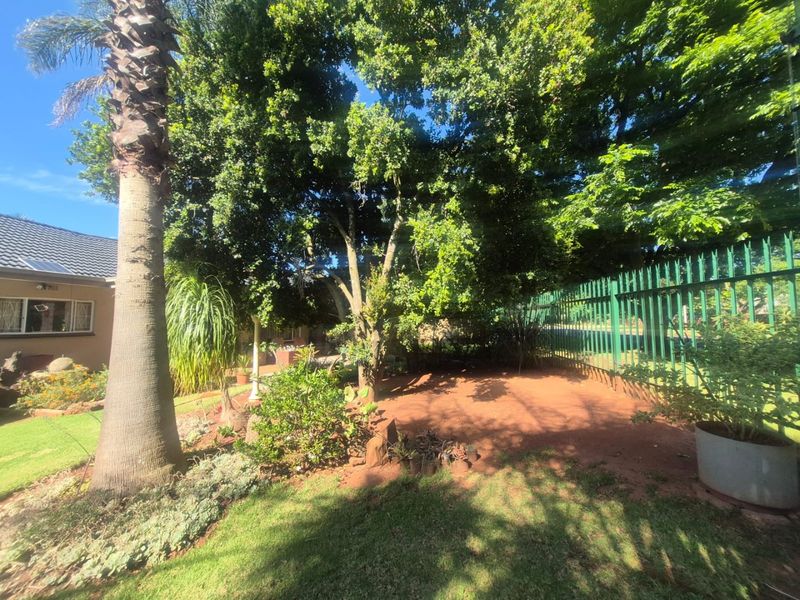 A well-established garden area featuring mature trees, a palm tree, and secure metal perimeter fencing, providing a private outdoor space.
