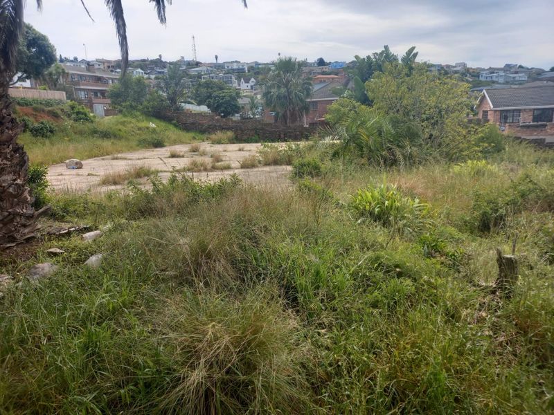 A vacant residential plot featuring an overgrown garden area and a weathered concrete slab, situated in a developed suburban neighborhood.
