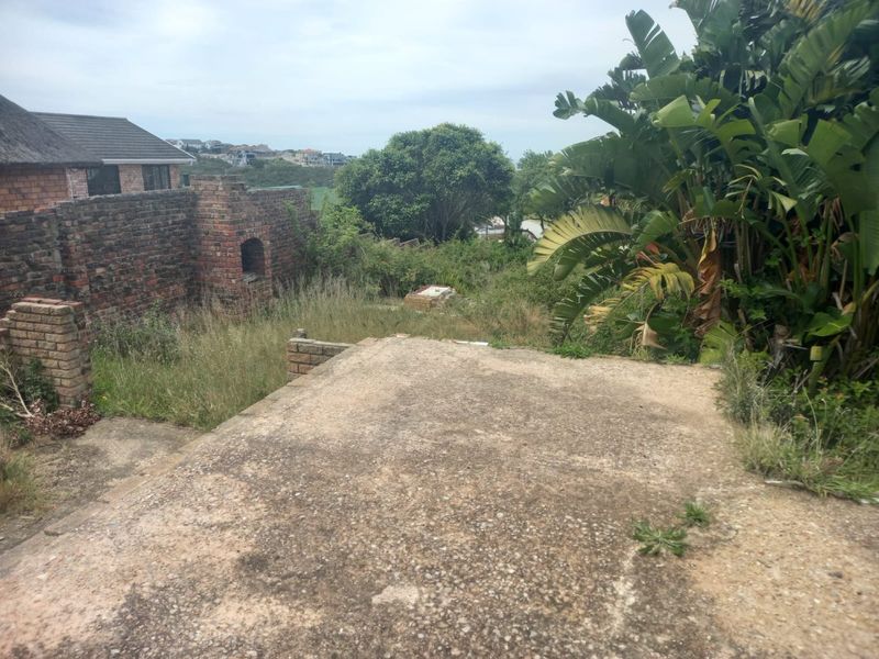 A view of the rear yard featuring a concrete slab, brick boundary wall, and overgrown garden area requiring maintenance.