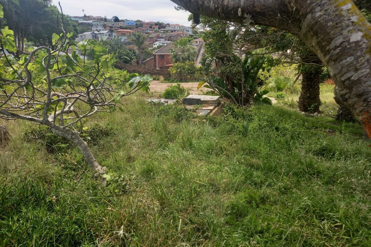 A view of a sloped, overgrown residential plot featuring mature trees and a concrete foundation slab, situated in a suburban neighborhood.