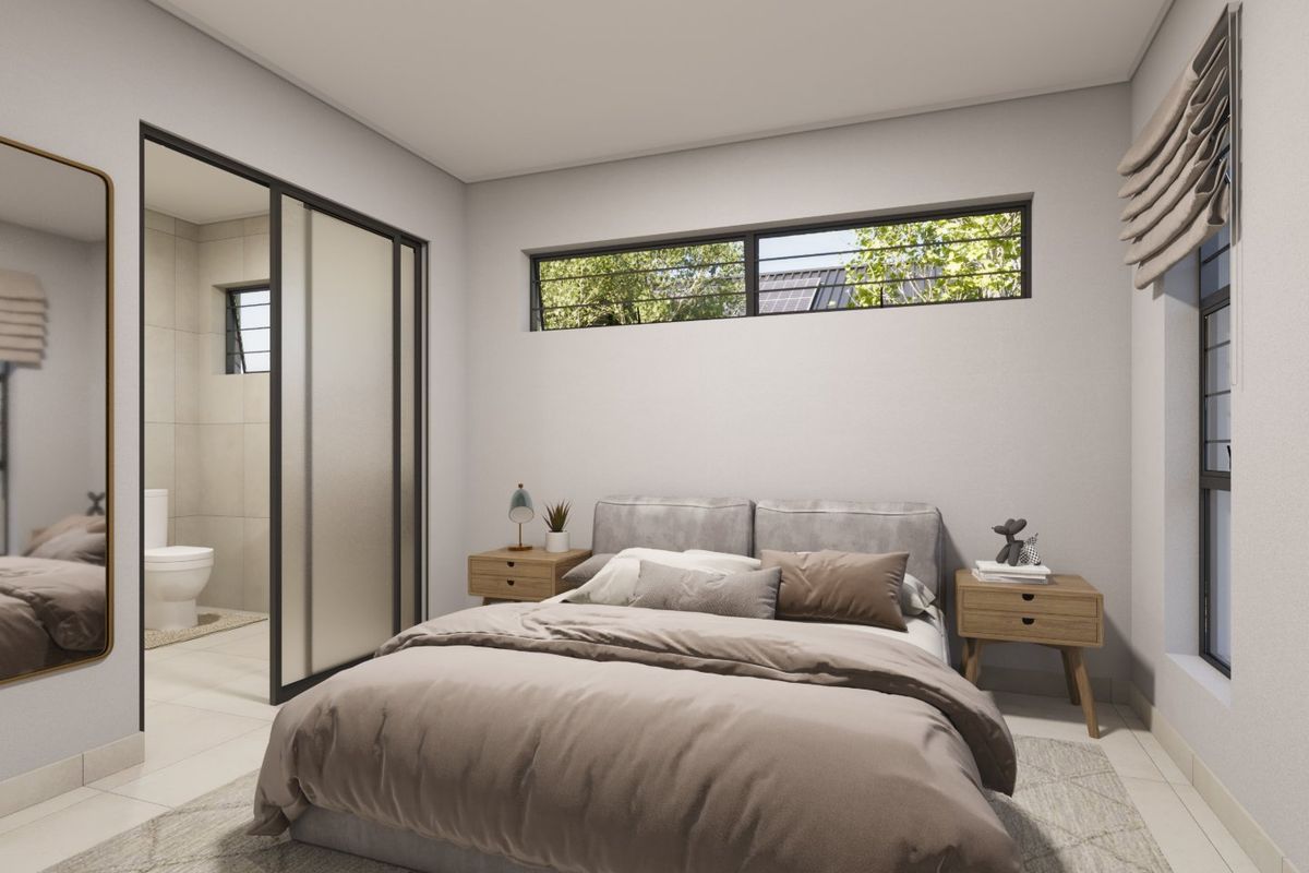 Modern bedroom featuring tiled floors, a clerestory window, and a sliding glass door providing direct access to an en-suite bathroom.