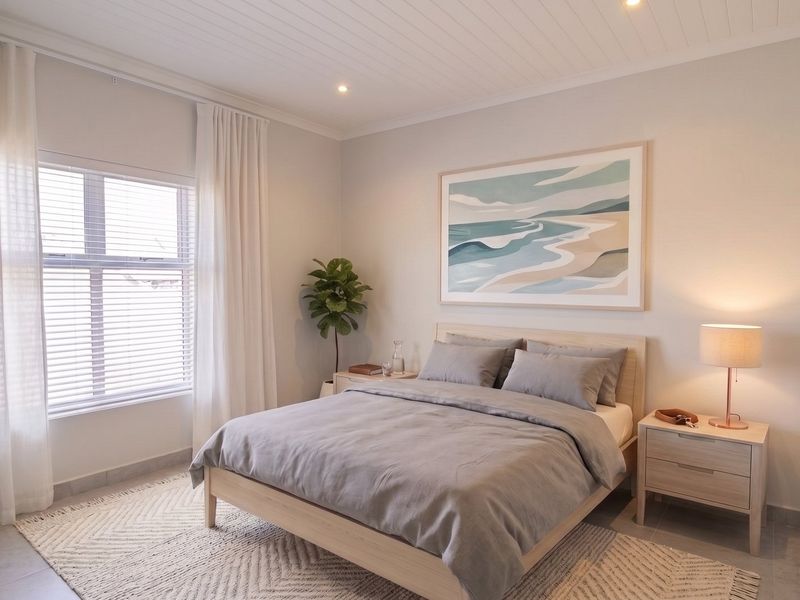 A well-maintained bedroom featuring a tongue and groove ceiling, recessed downlights, and neutral tiled flooring, creating a bright and inviting atmosphere.