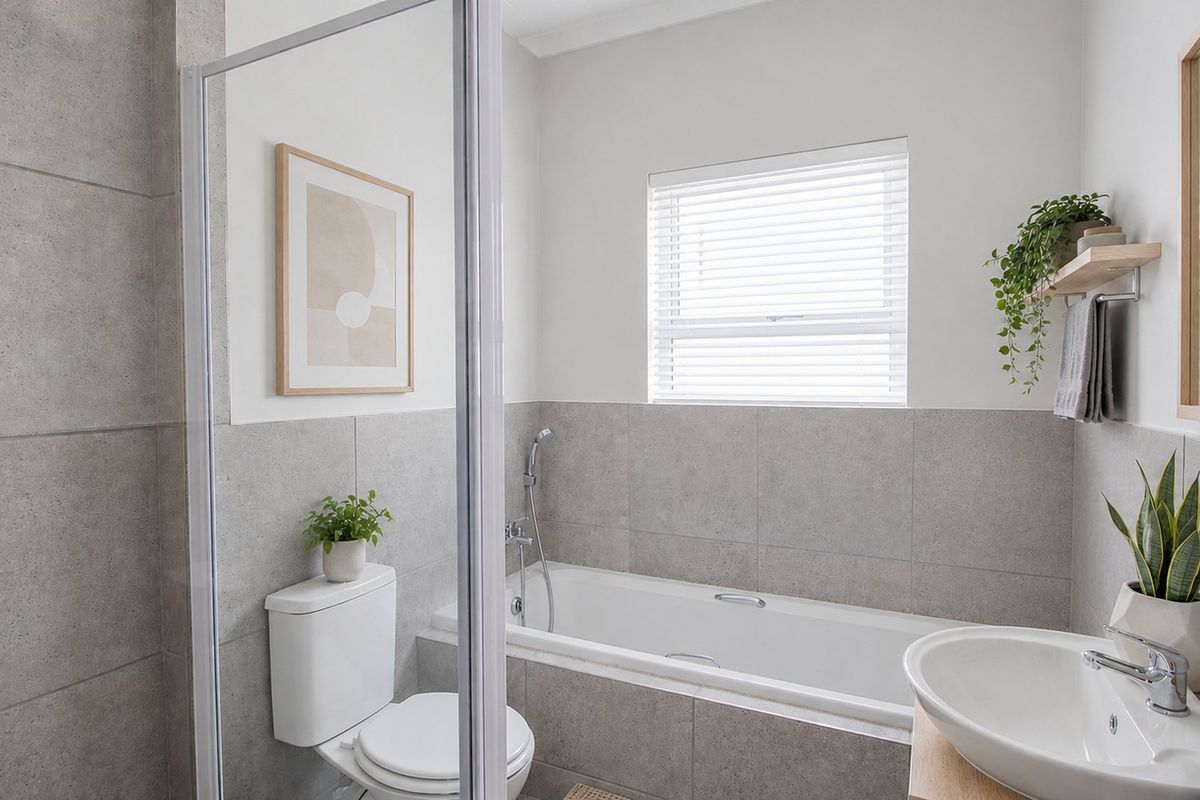 A modern, well-maintained bathroom featuring a built-in bathtub, a separate shower enclosure, a vessel sink, and neutral grey wall tiling.