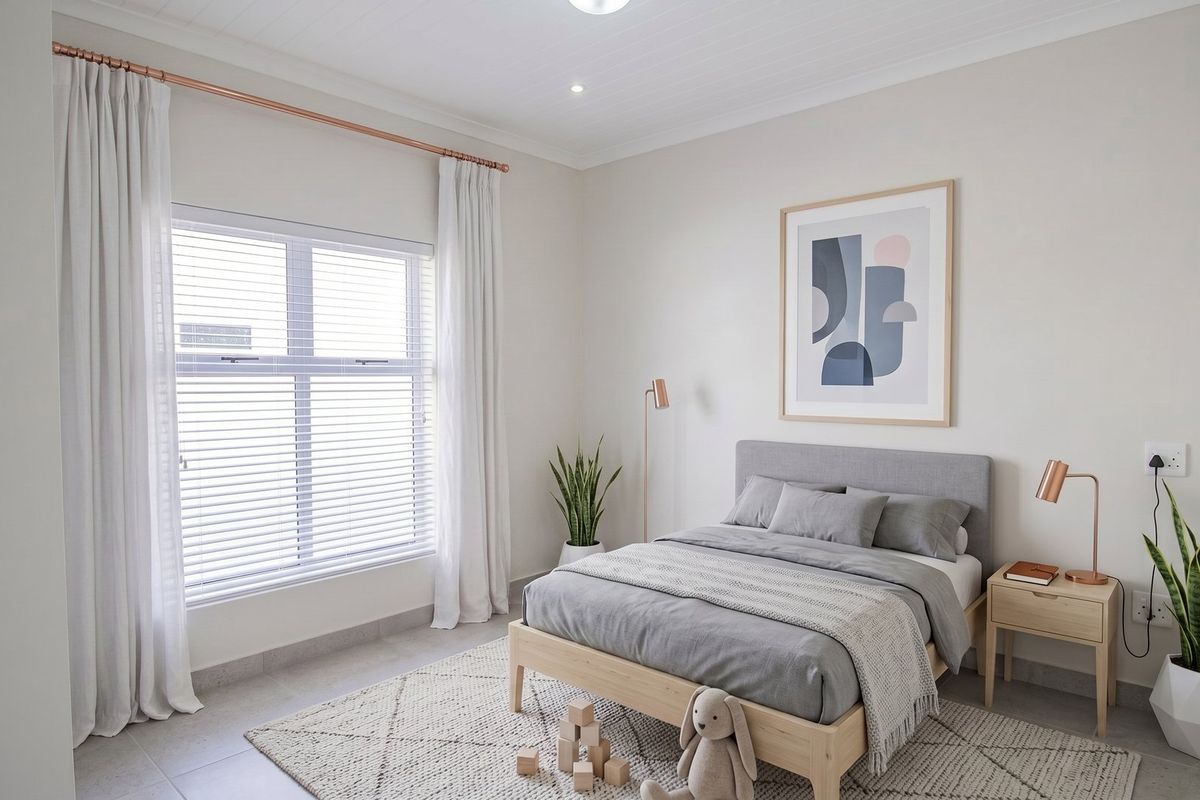 A bright and well-maintained bedroom featuring tiled flooring, a tongue and groove ceiling, and large windows fitted with venetian blinds.