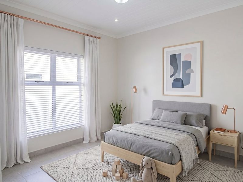 A bright and well-maintained bedroom featuring tiled flooring, a tongue and groove ceiling, and large windows fitted with venetian blinds.
